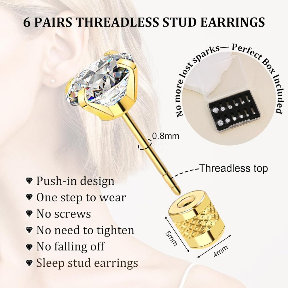 Threadless Flat Back Stud Earrings, 6 Pairs Titan… - image 2